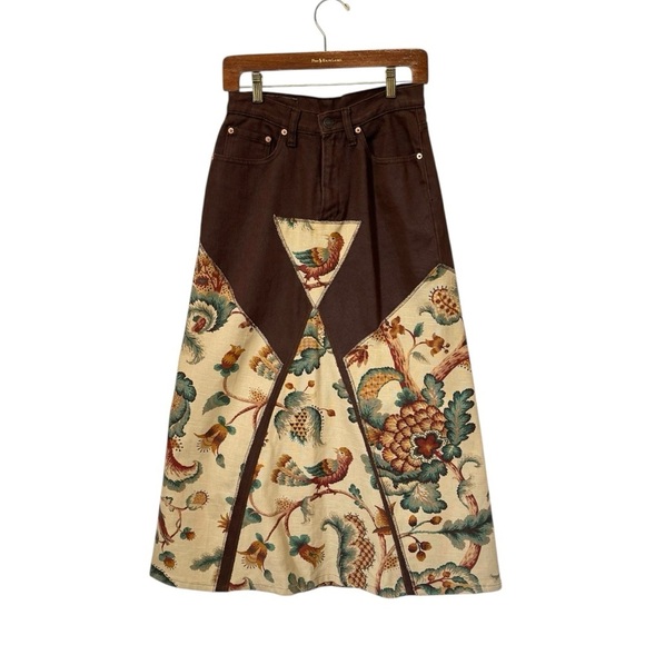 Vintage Jordache Maxi Skirt Brown Denim Patchwork Tapestry Bird 80s Womens Small - Picture 1 of 9